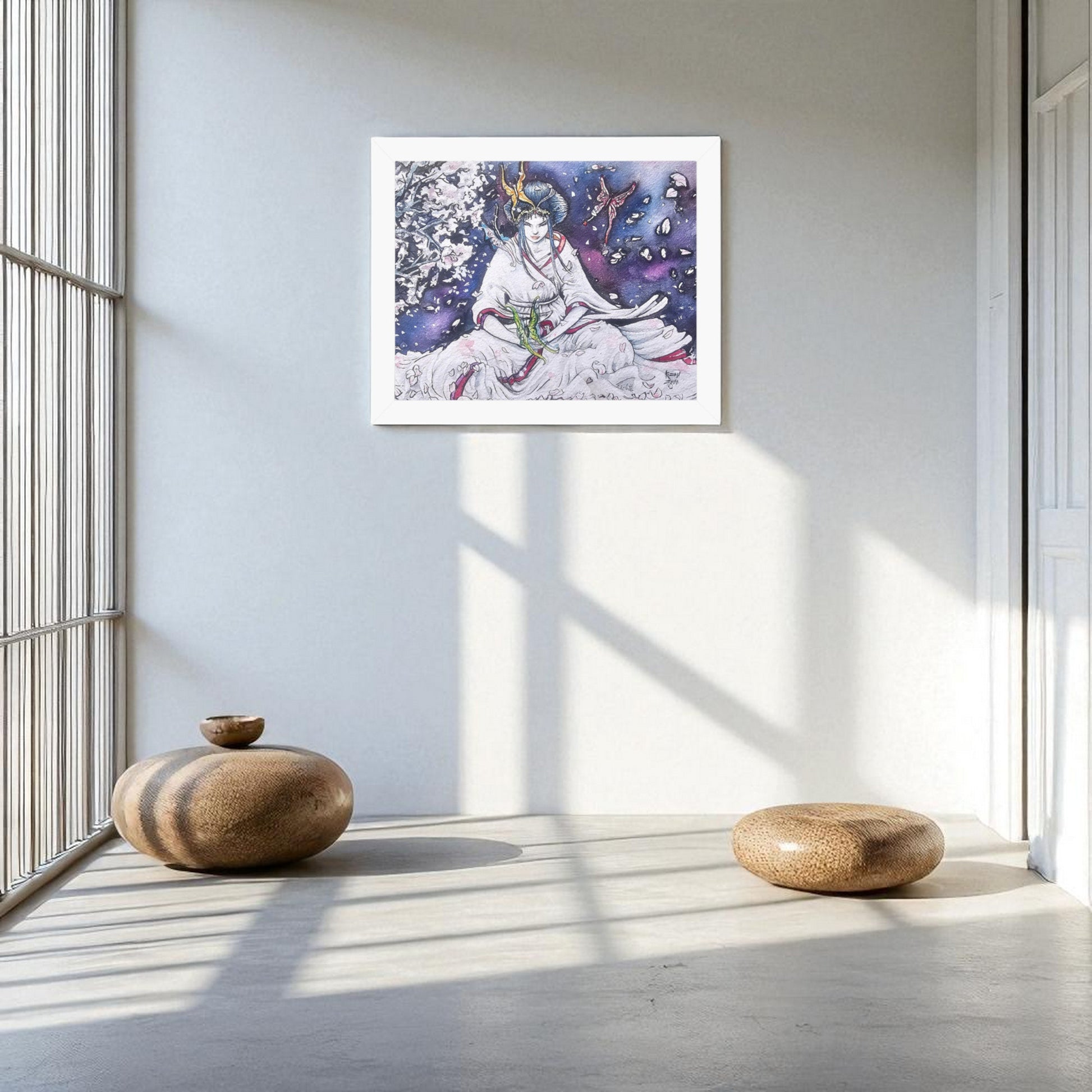 Póster Paz Interior en pared blanca con luz natural, escena de calma con mariposas y flores