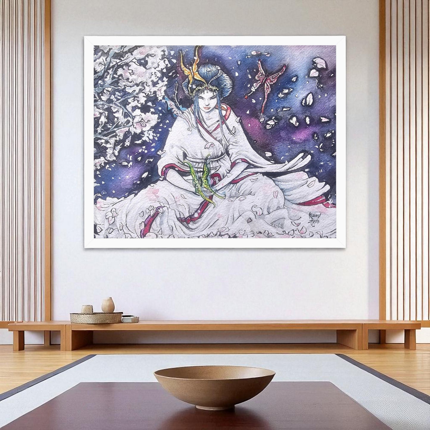 Póster Paz Interior colgado en sala luminosa, figura femenina en meditación con flores de cerezo