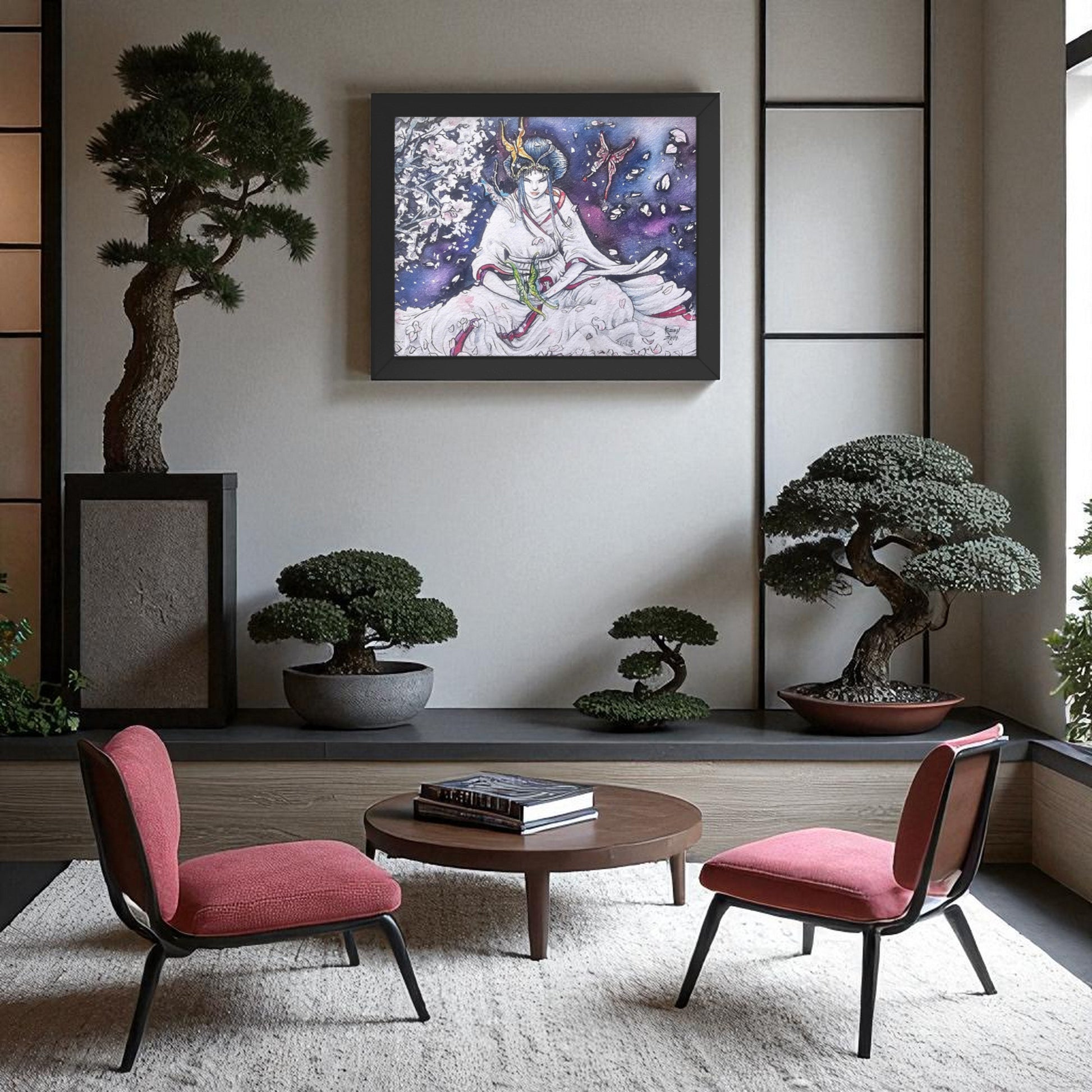 Póster Paz Interior enmarcado colgado en salón con bonsáis, arte en acuarela y tinta china