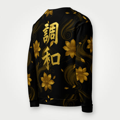 Sudadera negra Golden Koi de mujer flotante, vista tres cuartos trasera con kanji “Armonía”.