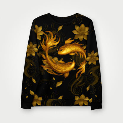 Sudadera negra Golden Koi de mujer flotante, vista frontal.