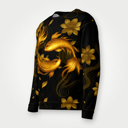 Sudadera negra Golden Koi de mujer flotante en vista tres cuartos.