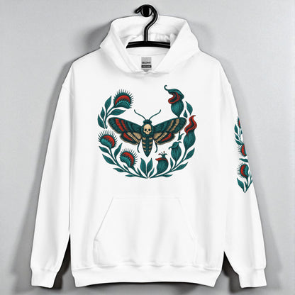 Sudadera con capucha blanca polilla calavera en percha vista frontal