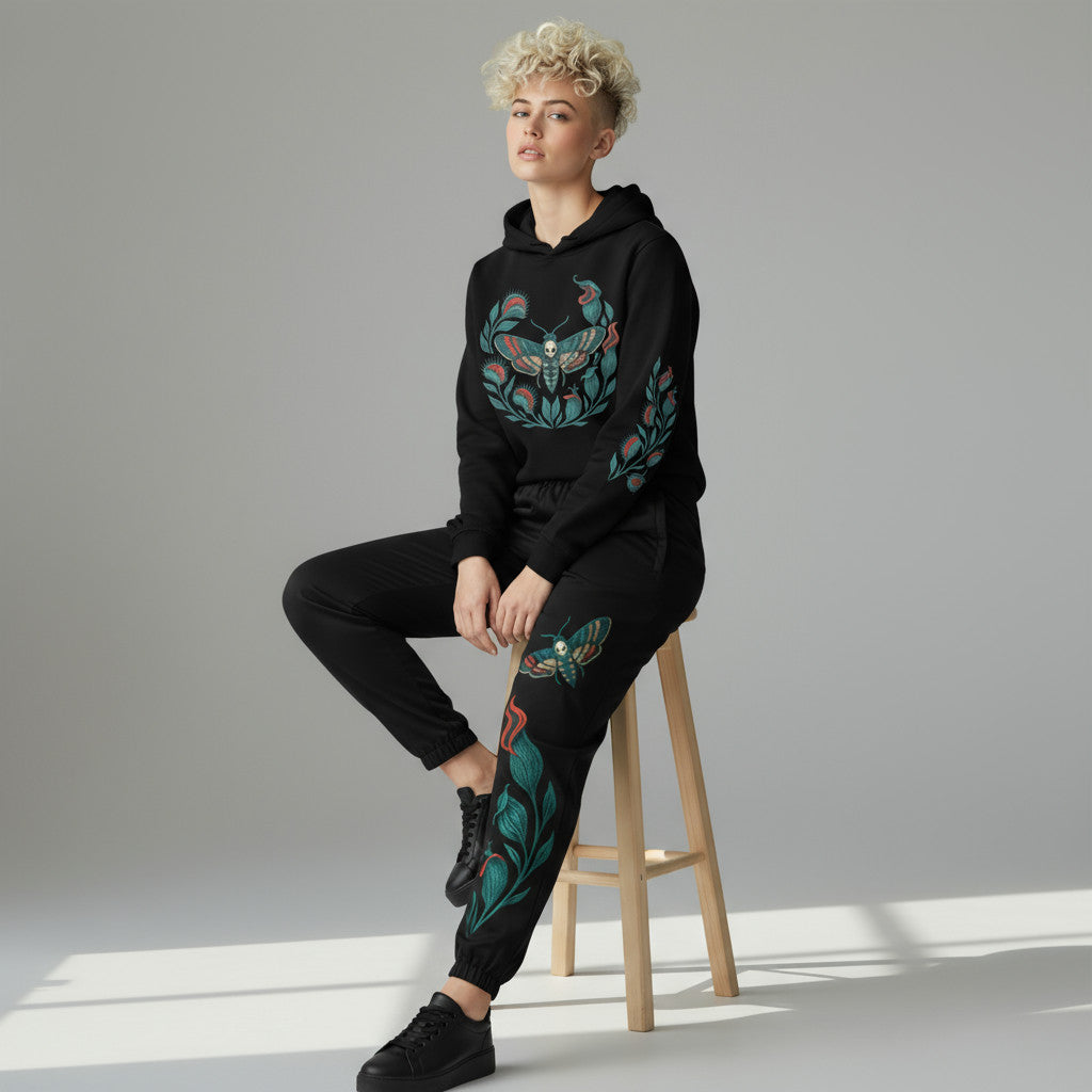 Modelo con sudadera negra Blue and Black Moth en plano de cuerpo entero sobre fondo gris.