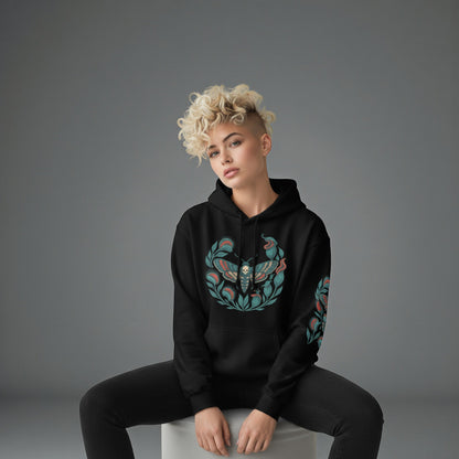 Modelo con sudadera negra Blue and Black Moth sentada de frente con las manos sobre las rodillas.