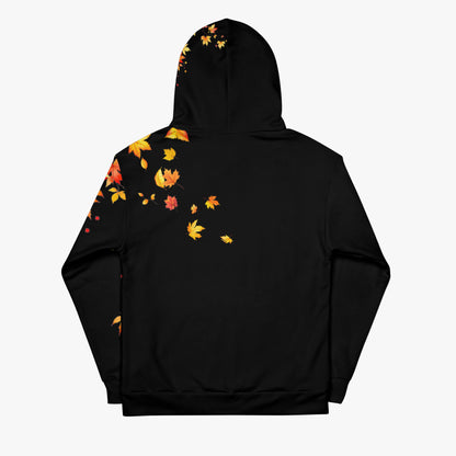 Sudadera negra con capucha vista por detrás con diseño de hojas otoñales.