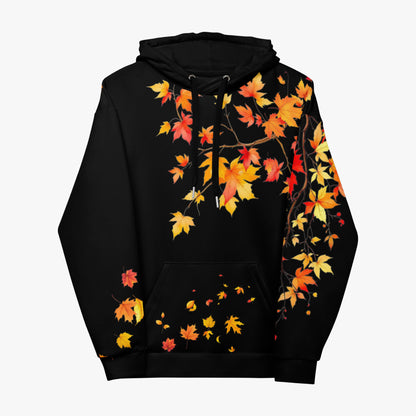 Sudadera negra con capucha vista de frente con hojas otoñales en pecho y mangas.