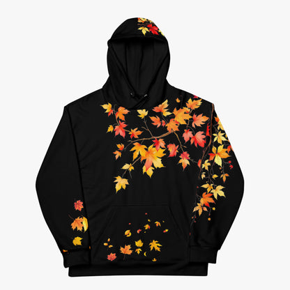 Sudadera negra con capucha y estampado frontal de hojas otoñales.