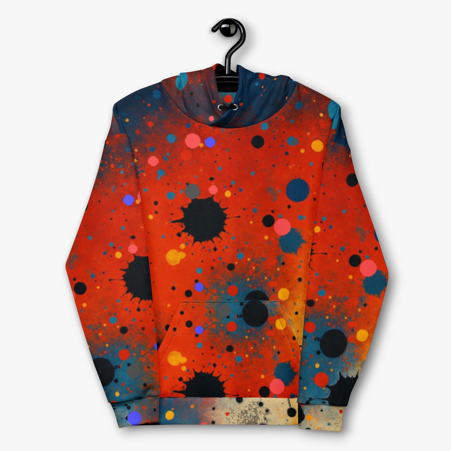 Sudadera con capucha Umbral colgada de frente con estampado de colores.