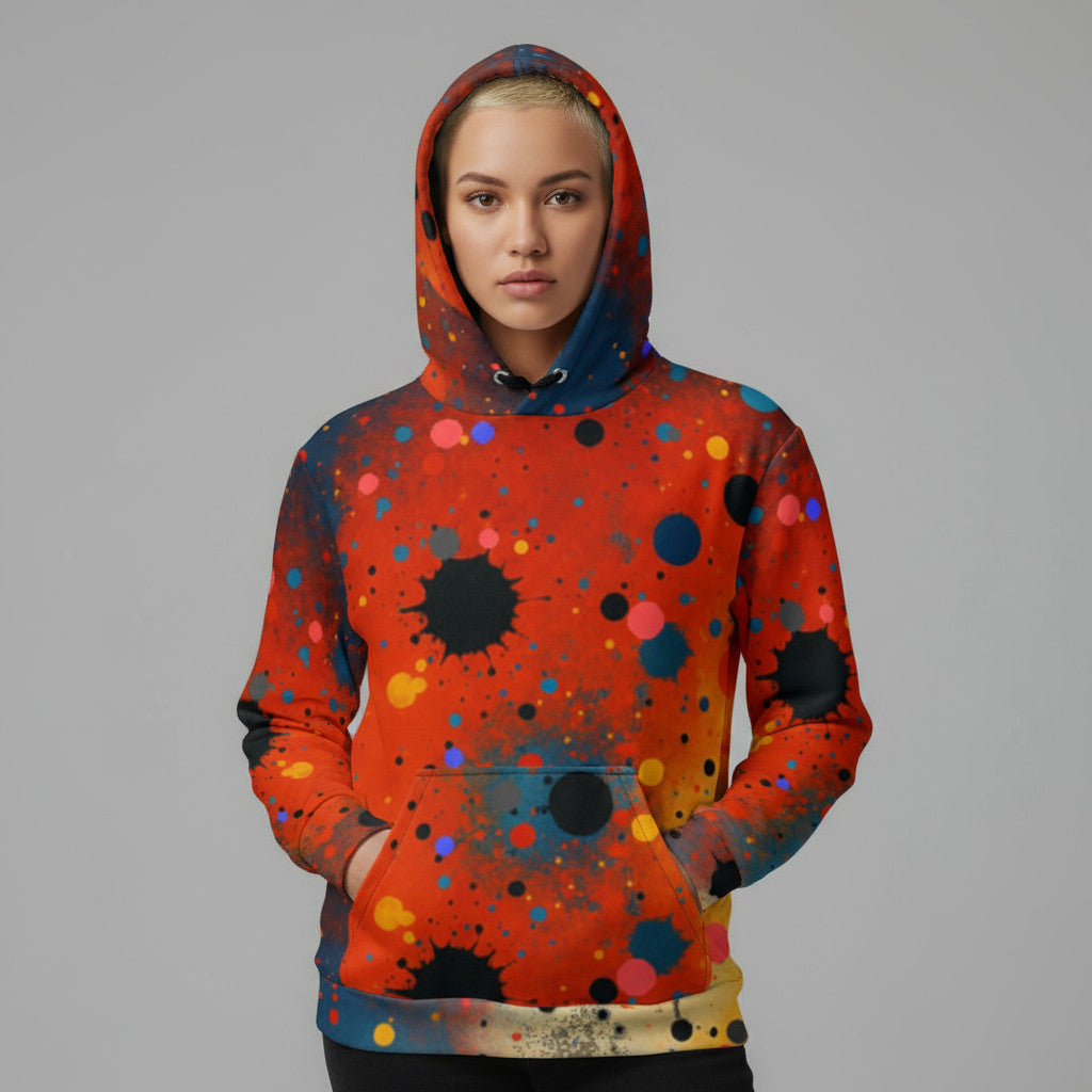 Modelo con capucha puesta llevando sudadera estampada Umbral en tonos naranjas y azules.