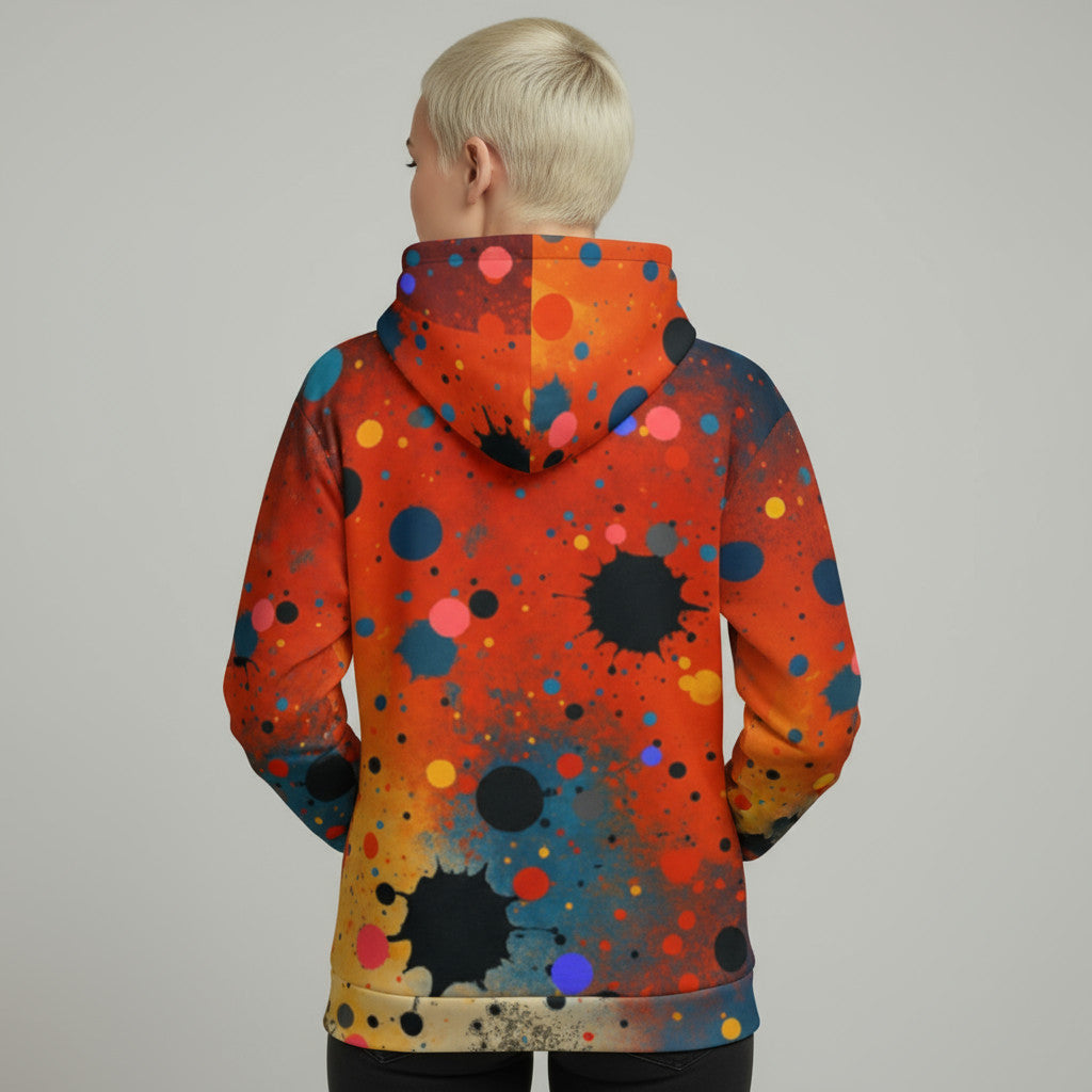 Modelo de espaldas con sudadera con capucha Umbral mostrando el estampado completo en la espalda.