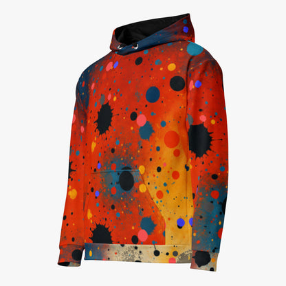 Sudadera con capucha Umbral en vista tres cuartos destacando el dibujo en cuerpo y mangas.