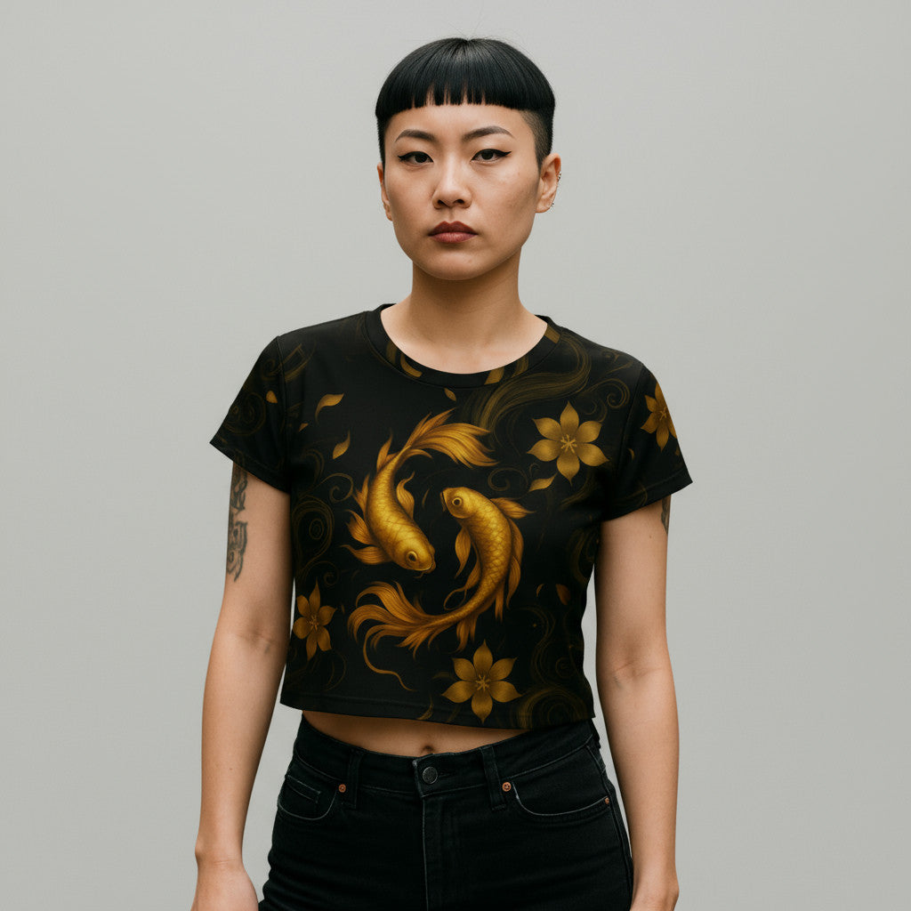 Top corto negro con diseño koi dorado vista frontal
