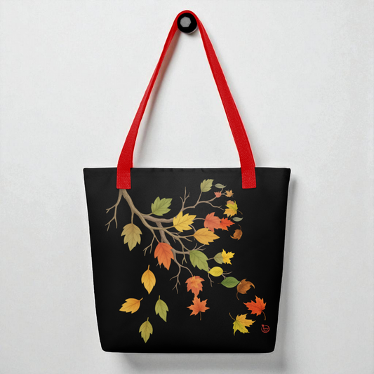 Bolso tote negro con hojas de otoño y asas rojas, vista frontal, estilo minimal