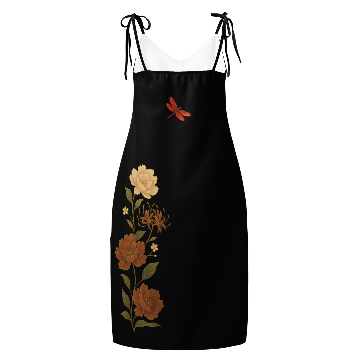Vestido midi japonés negro, vista posterior  con flores rojas y doradas y libélula roja