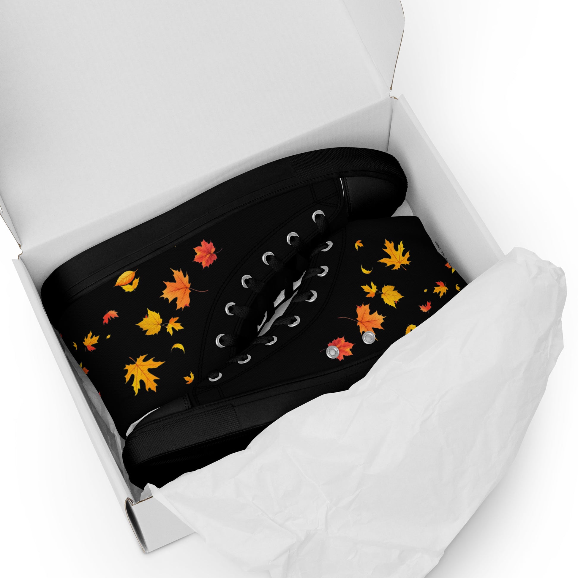 Zapatillas de lona negras de mujer con hojas de otoño presentadas en caja