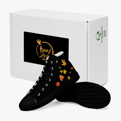 Zapatillas de lona negras de mujer con hojas de otoño, presentadas en caja y con suela visible vista lateral exterior